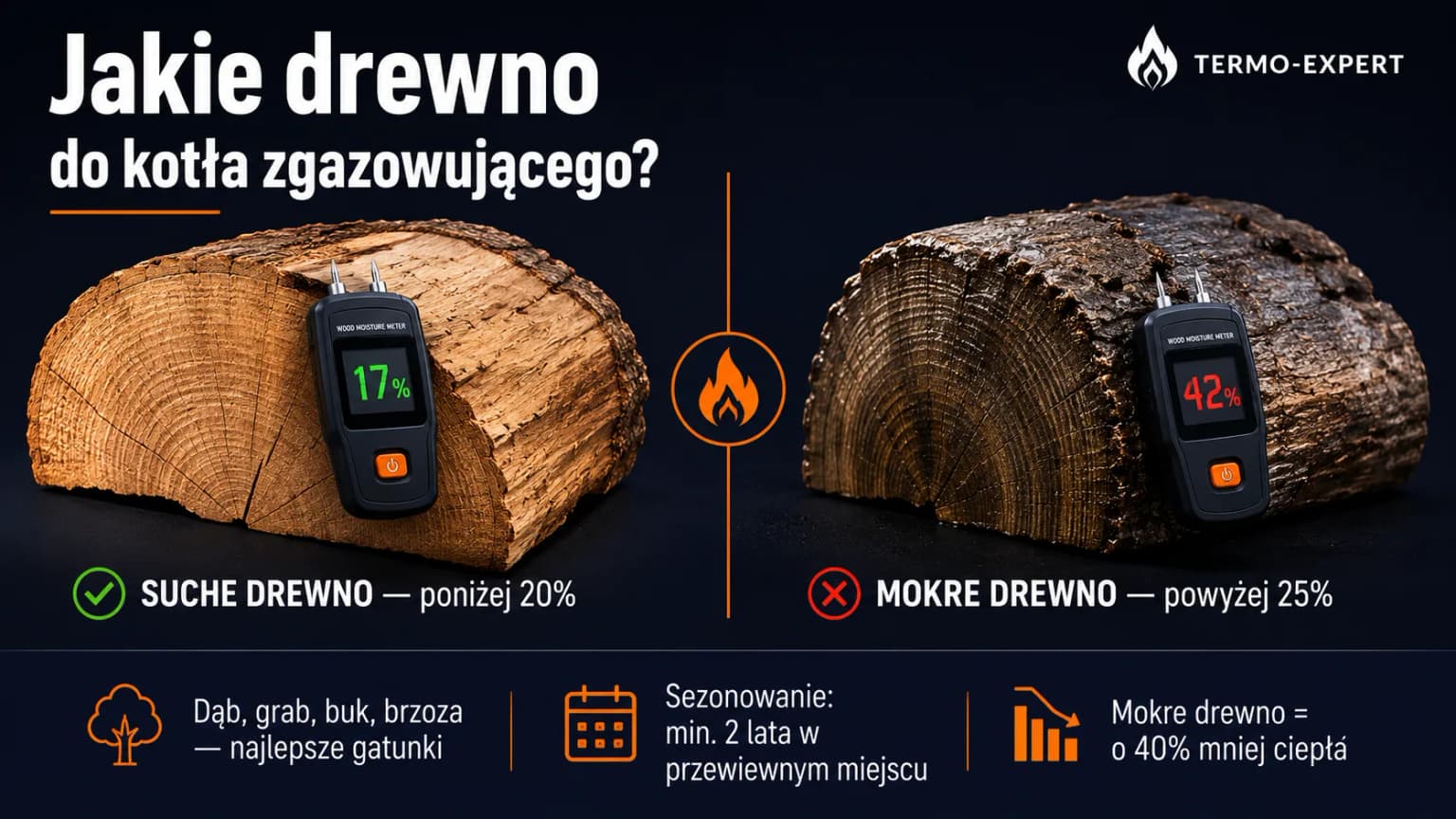 Jakie drewno do kotła zgazowującego — suche vs mokre drewno, wilgotność poniżej 20%