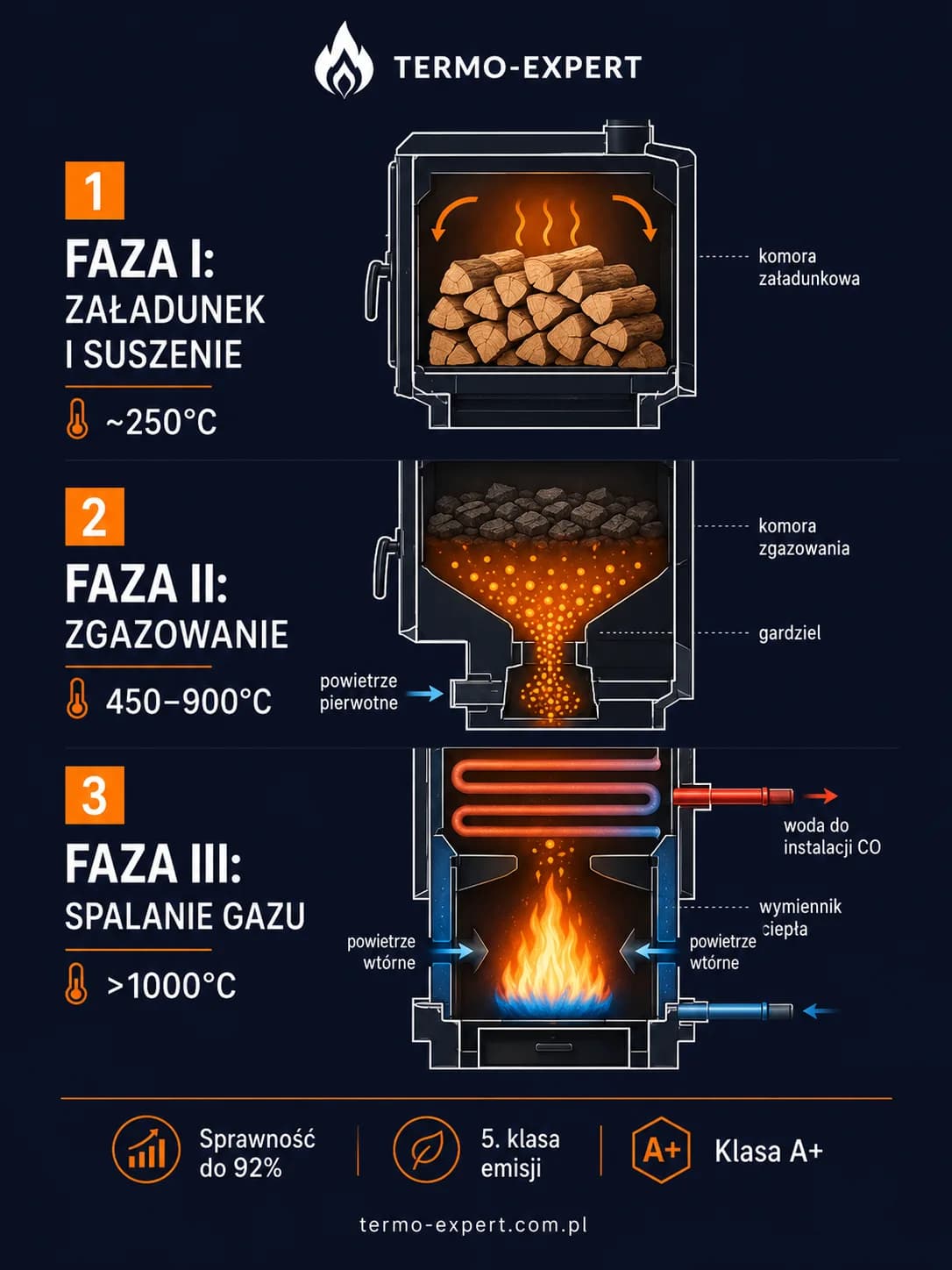 Infografika: jak działa kocioł zgazowujący drewno — 3 fazy procesu spalania